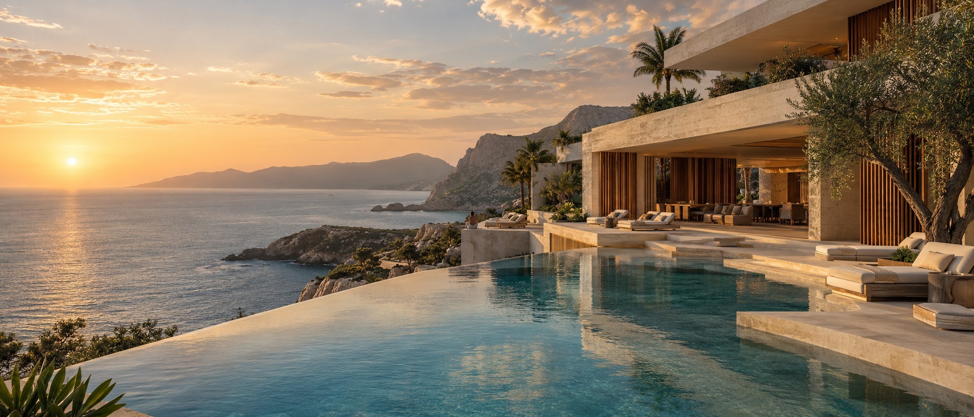 Conceptual contemporary coastal resort with stone architecture and an infinity pool overlooking the sea